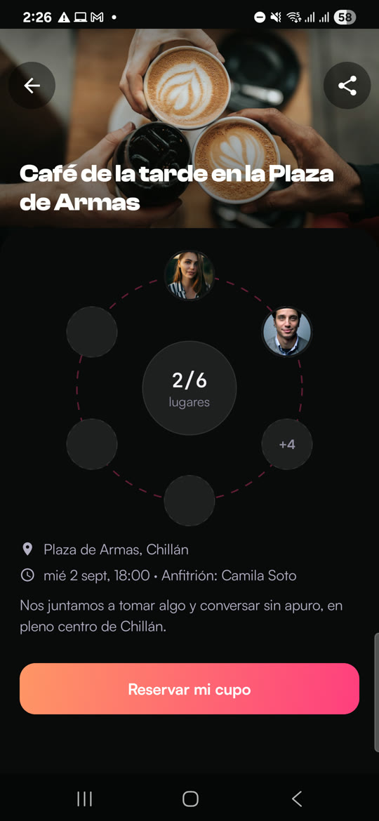 Pantalla de una Junta en la app, con su portada y los lugares ocupados
