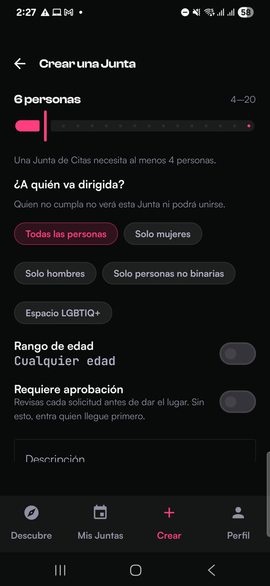 Pantalla para crear una Junta, eligiendo a qué público va dirigida